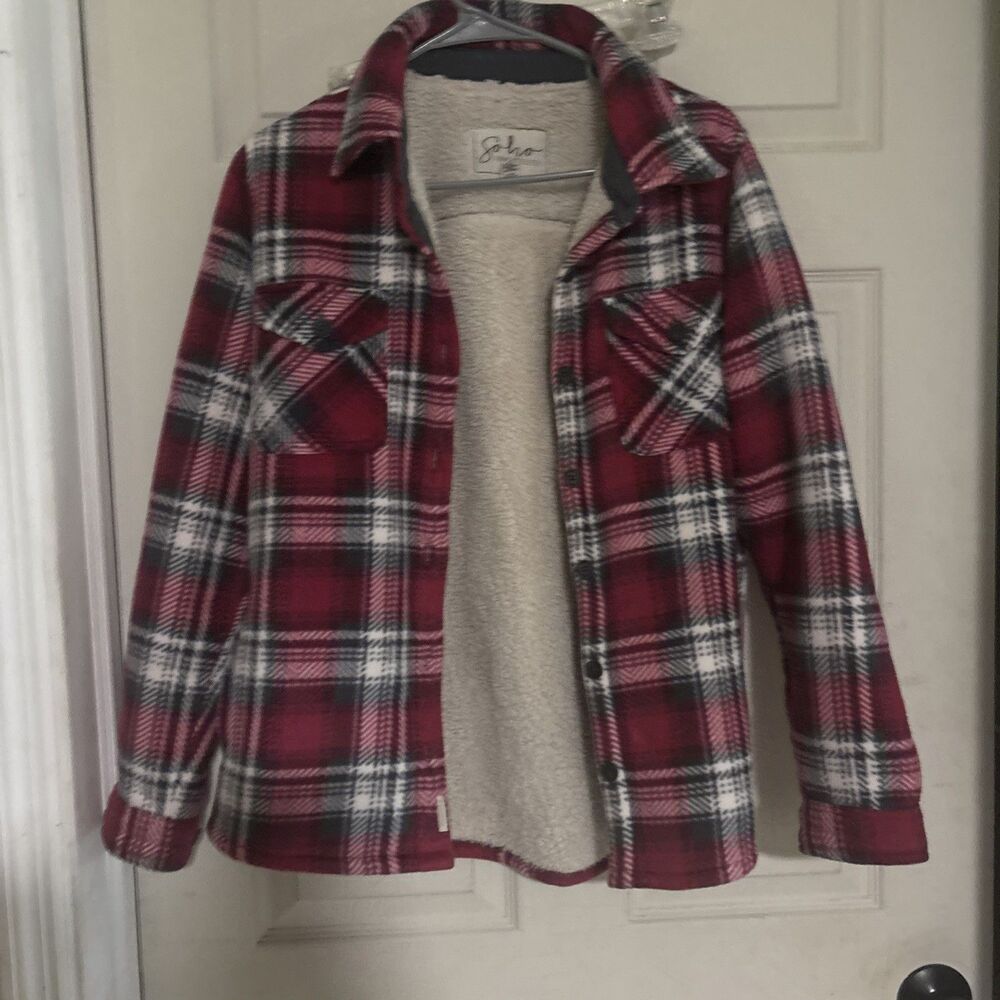 Soho Threads Navy Red And Grey  Plaid Fleece Jacket-Women's size Small